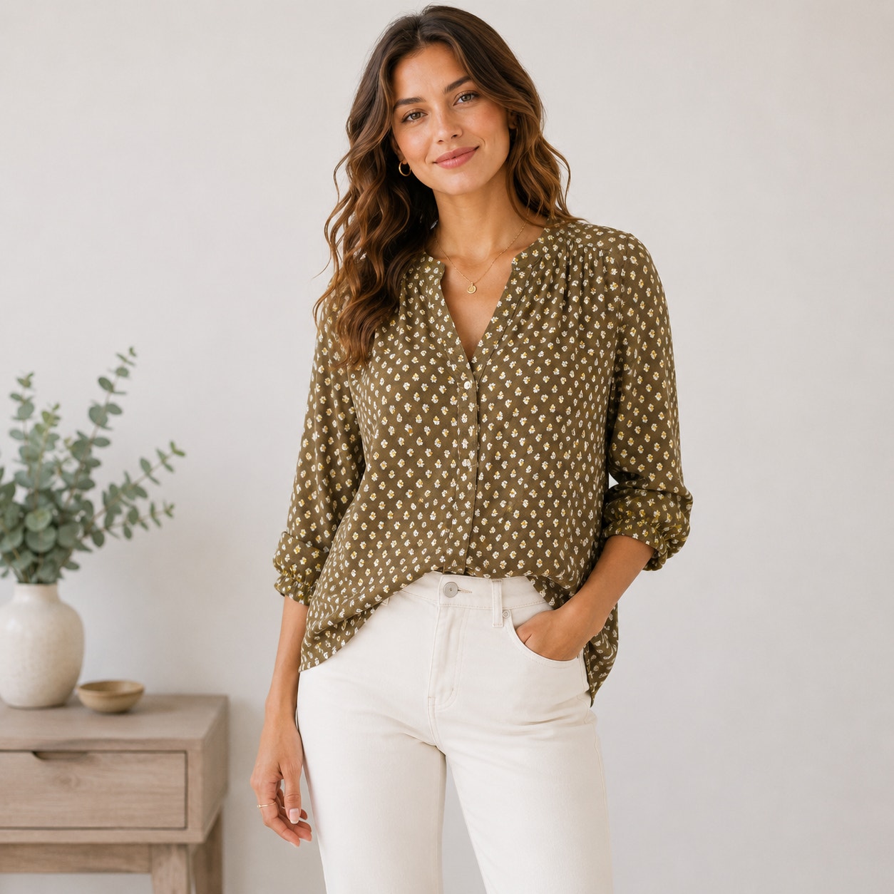 Old Navy 100% Cotton Blouse Women's Sz M Brown Yellow Floral Earthy Boho Casual